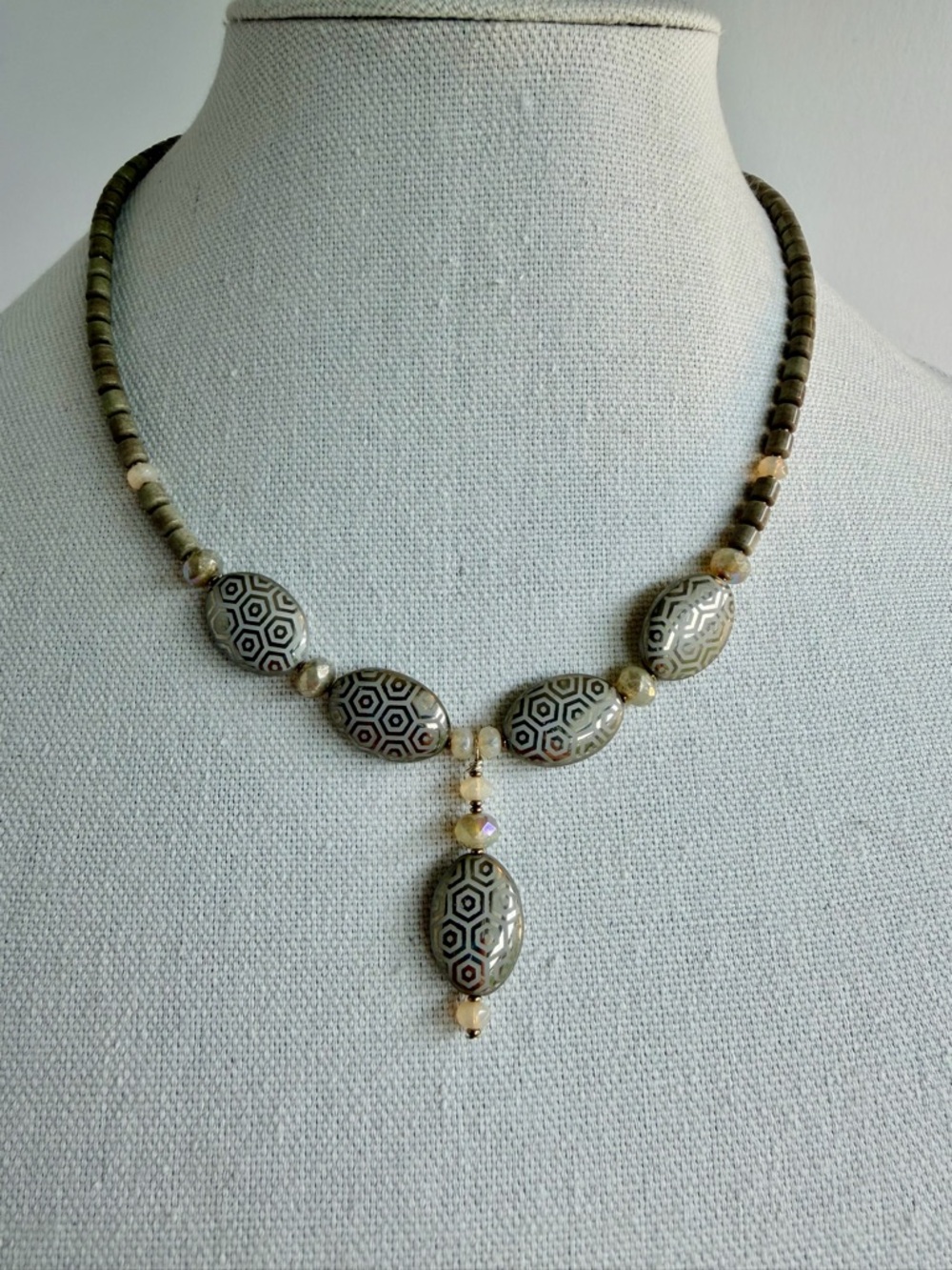 Handcrafted taupe, gray and beige Czech glass Bead Necklace